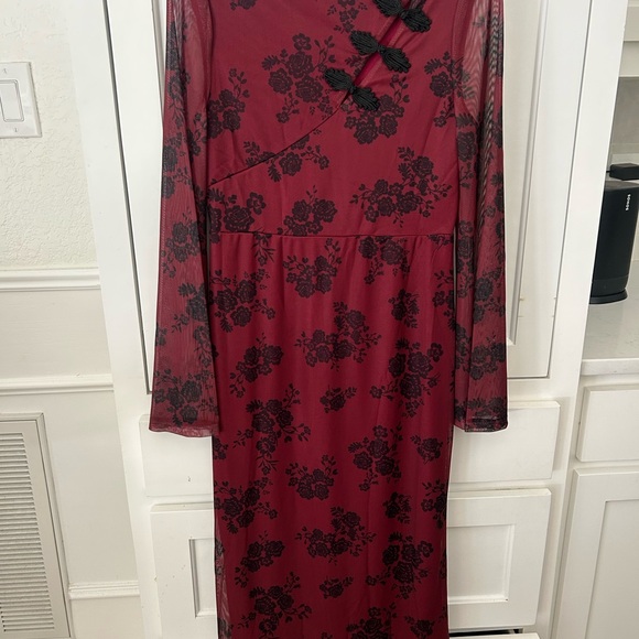 SHEIN Burgundy Long Sleeve Floral Dress - Picture 2 of 5